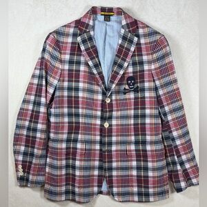 Rugby Ralph Lauren Medium Classic Madras Red & Navy Plaid Skull Logo Blazer